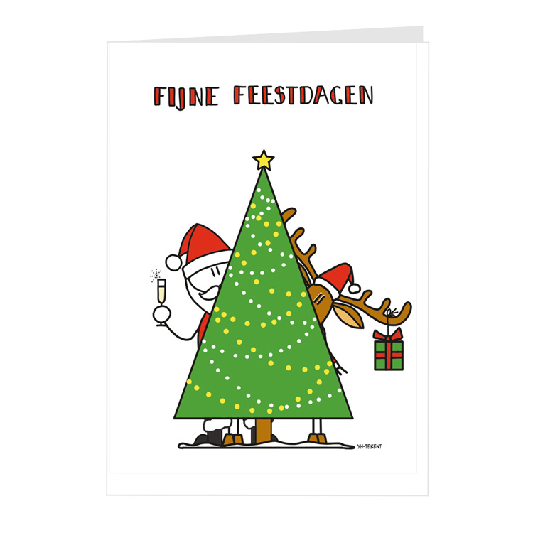 Afbeelding van een kerstkaart met de Kerstman en rendier Rudolf. Achter een kerstboom. Getekend door YH-Tekent.