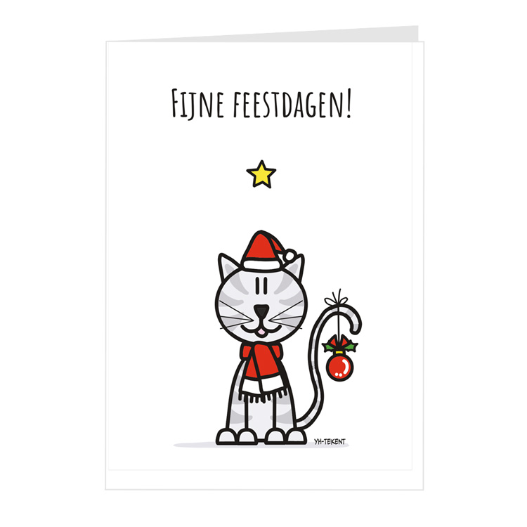 Afbeelding kerstkaart met een kat en kerstbal aan het staartje. Getekend door YH-